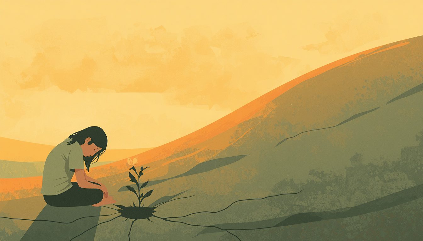 2D illustration of a person sitting at the base of a hill with a flower blooming from cracked ground, representing bouncing back from failure