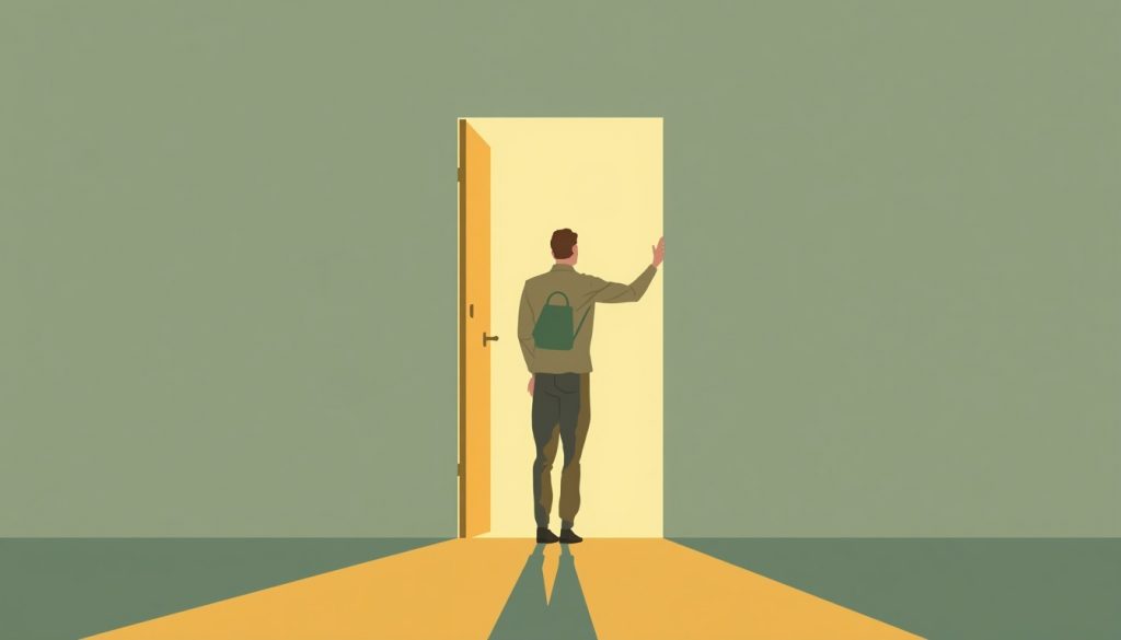 2D illustration of a person stepping toward light through an open door, representing the emotional bravery of learning how to start difficult conversations