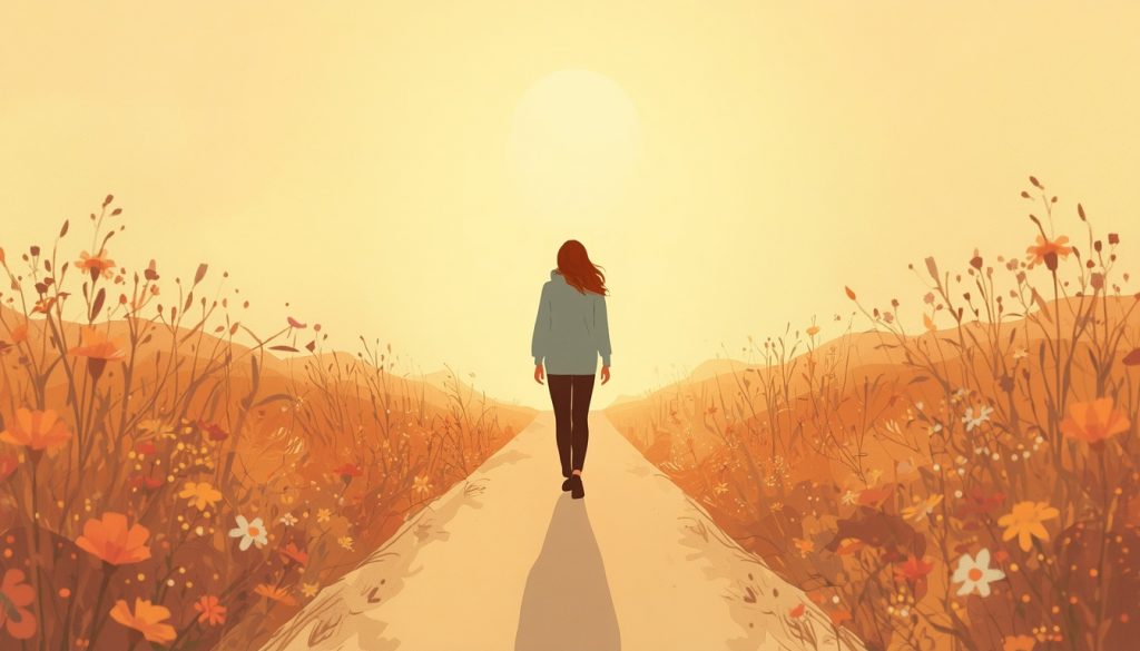 2D illustration of a person walking a sunlit wildflower path, symbolizing hope and new beginnings after grieving a relationship