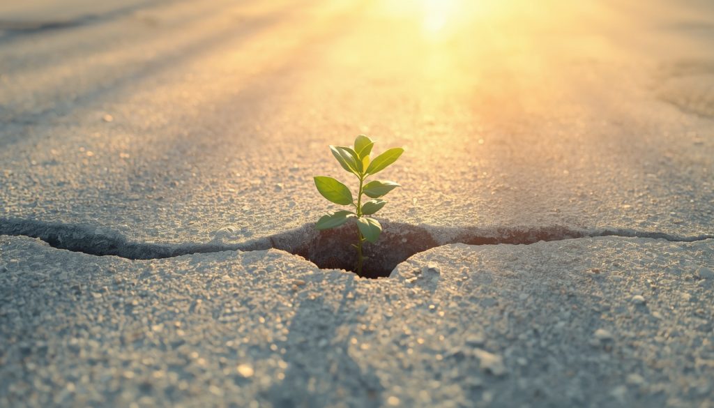 2D illustration of a plant growing through concrete in morning light, symbolizing resilience and bouncing back from failure