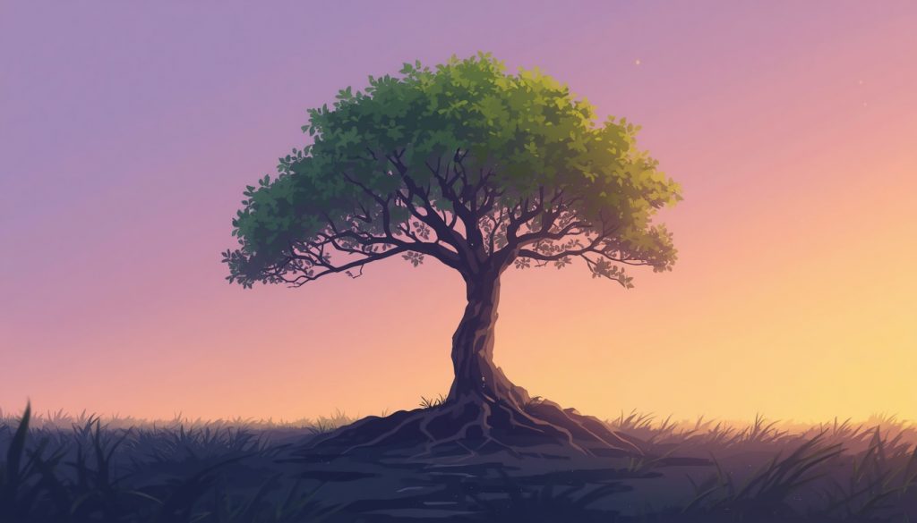 Illustration of a resilient tree after a storm — representing how adversity builds strength through deep roots and renewed growth