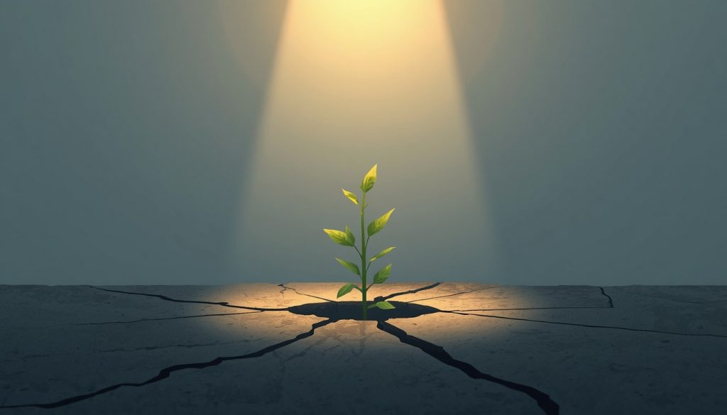 2D illustration of a small plant growing through cracked concrete representing post-traumatic growth and resilience