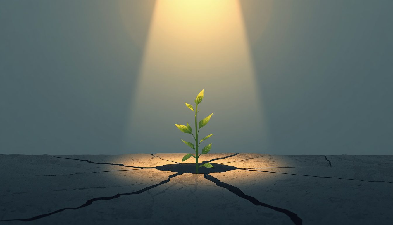 2D illustration of a small plant growing through cracked concrete representing post-traumatic growth and resilience