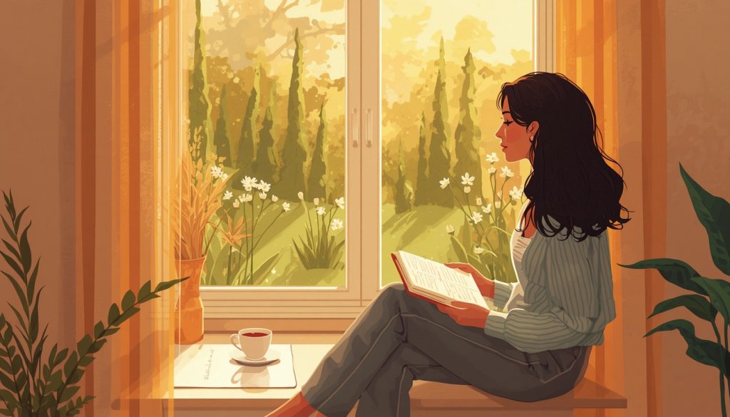 2D illustration of a woman journaling by a sunny window as a metaphor for healing from women's mental health unique challenges