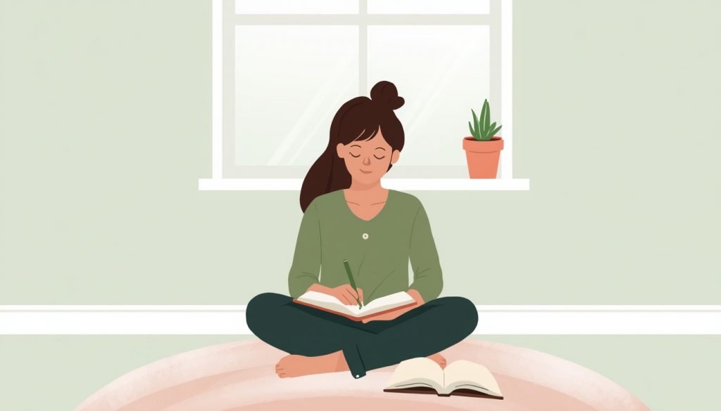 2D illustration of a woman journaling on the floor with morning light, representing self-healing while grieving a relationship