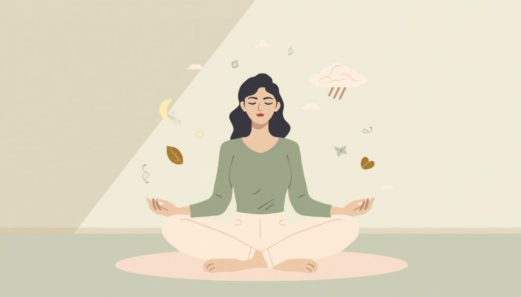 2D illustration of a woman sitting peacefully surrounded by symbols of emotion and nature, representing women's mental health unique challenges