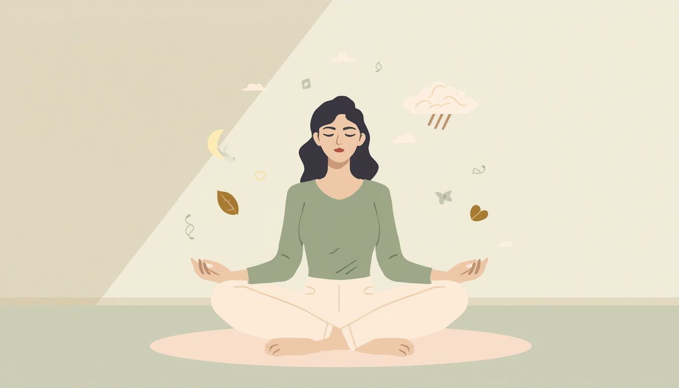 2D illustration of a woman sitting peacefully surrounded by symbols of emotion and nature, representing women's mental health unique challenges