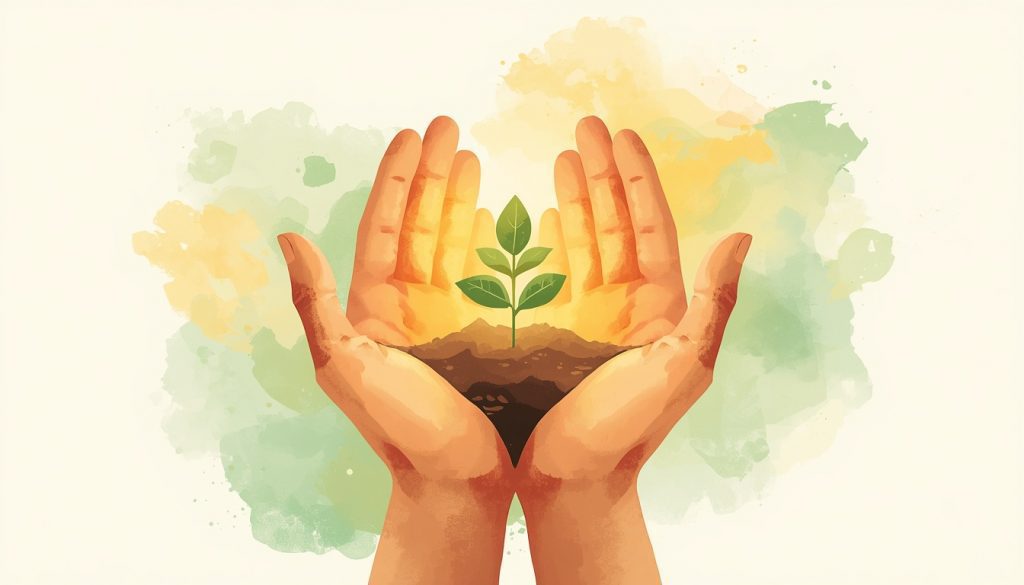 2D illustration of hands holding a glowing seedling representing how to nurture post-traumatic growth after pain