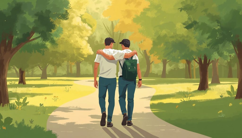 2D illustration of two men walking together in support, representing connection and healing in men's mental health.