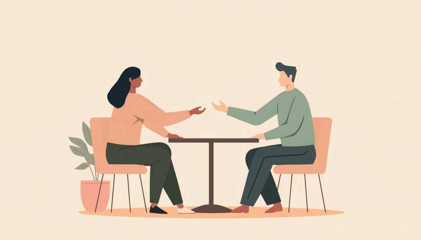 2D illustration of two people beginning a difficult conversation, one reaching out with an open hand across a small table — representing how to start difficult conversations with care