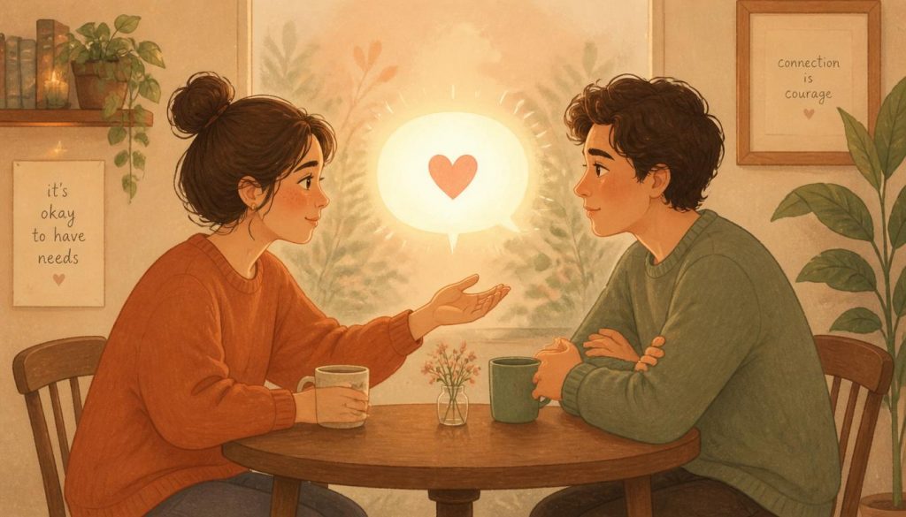 2D illustration of two people expressing needs without blame in a warm, open conversation