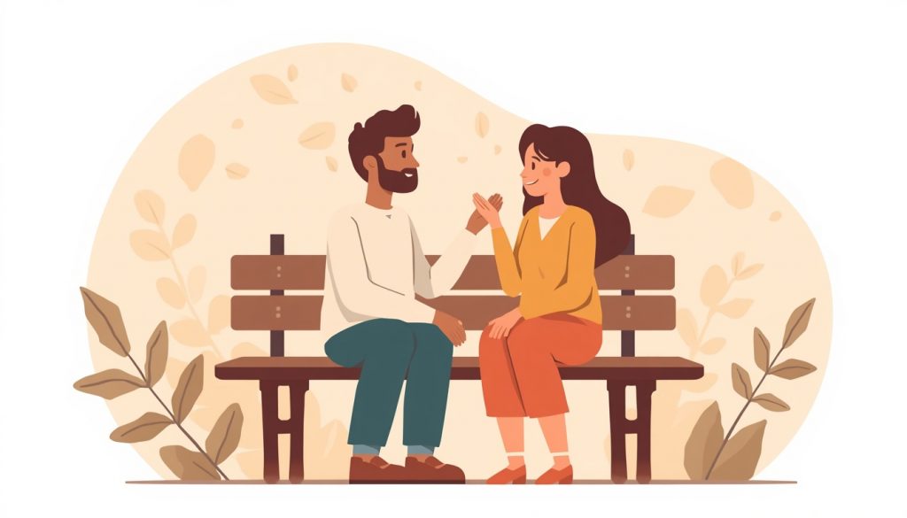 2D illustration of two people having an honest conversation on a bench, symbolizing the courage needed to start difficult conversations in relationships