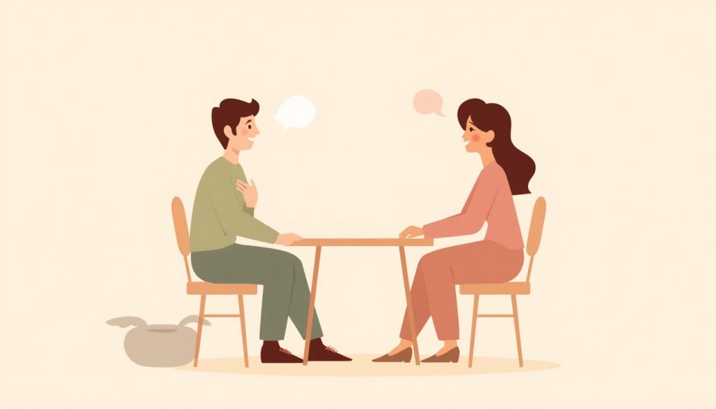 2D illustration of two people practicing nonviolent communication, facing each other with open and empathetic expressions