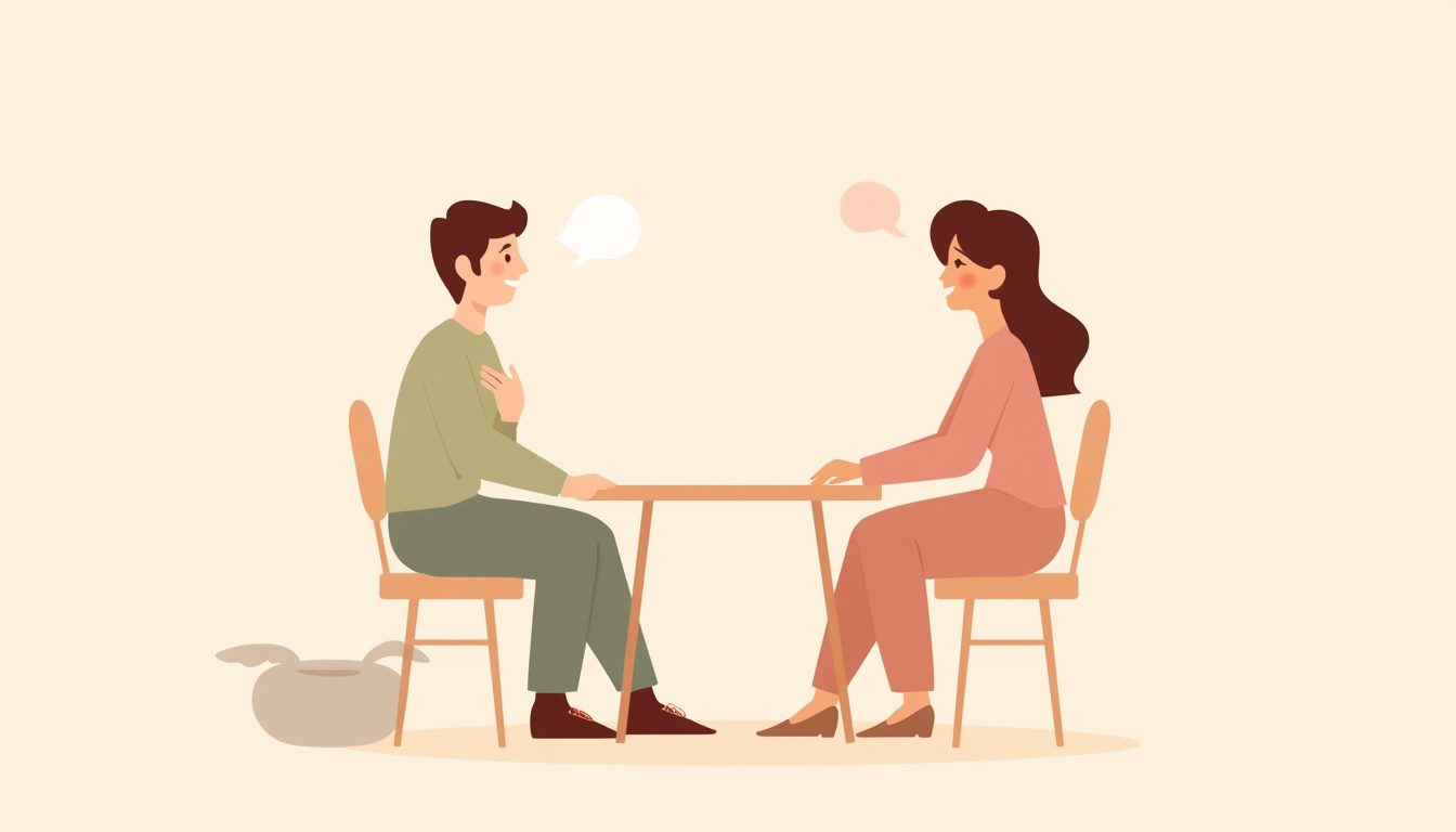 2D illustration of two people practicing nonviolent communication, facing each other with open and empathetic expressions
