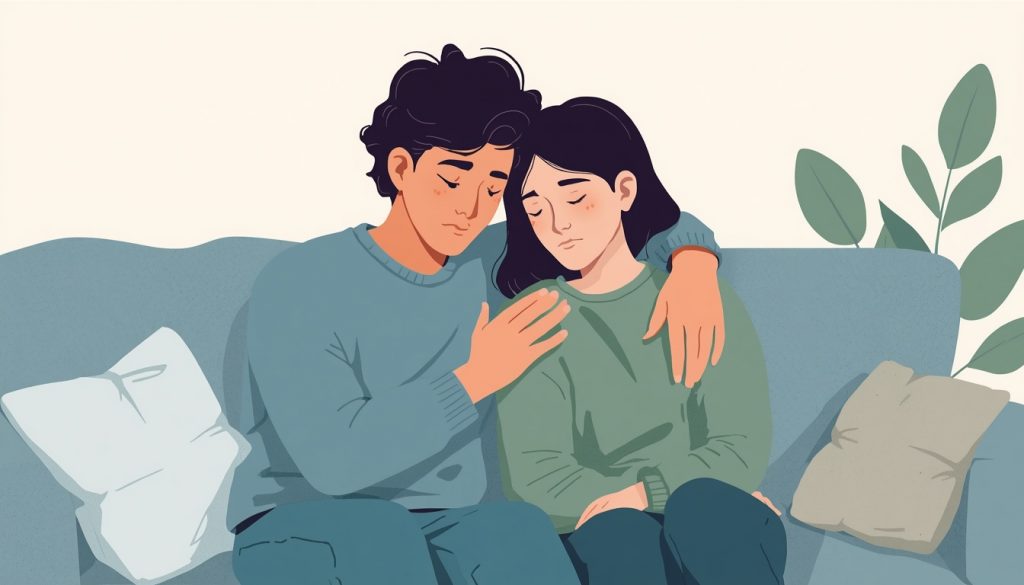 2D illustration of two people sitting together in quiet support, representing how to comfort someone experiencing disenfranchised grief