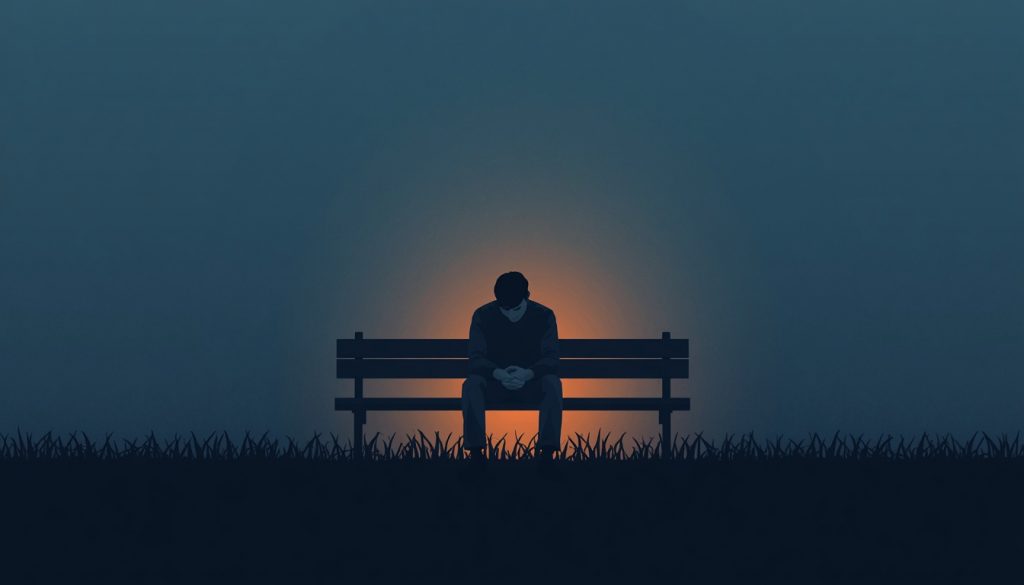 2D illustration representing men's mental health — a man sitting alone on a bench at dusk with soft warm light, symbolizing quiet struggle and the courage to heal.