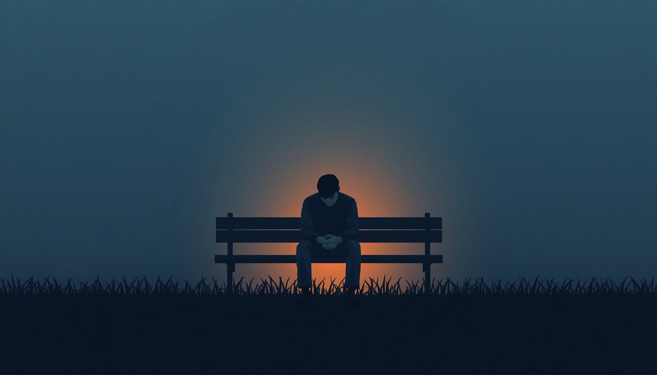 2D illustration representing men's mental health — a man sitting alone on a bench at dusk with soft warm light, symbolizing quiet struggle and the courage to heal.