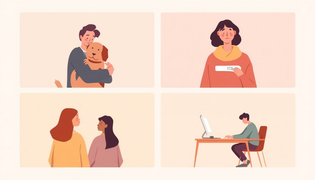 Four illustrated scenes representing different types of disenfranchised grief: pet loss, pregnancy loss, friendship loss, and career grief