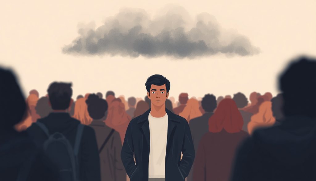 2D illustration showing men's mental health isolation — a man standing in a crowd with storm clouds above him, representing silent struggle.