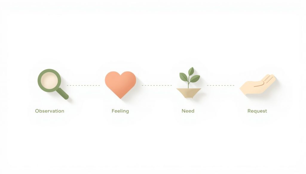 2D illustration showing the four steps of nonviolent communication: observation, feeling, need, and request