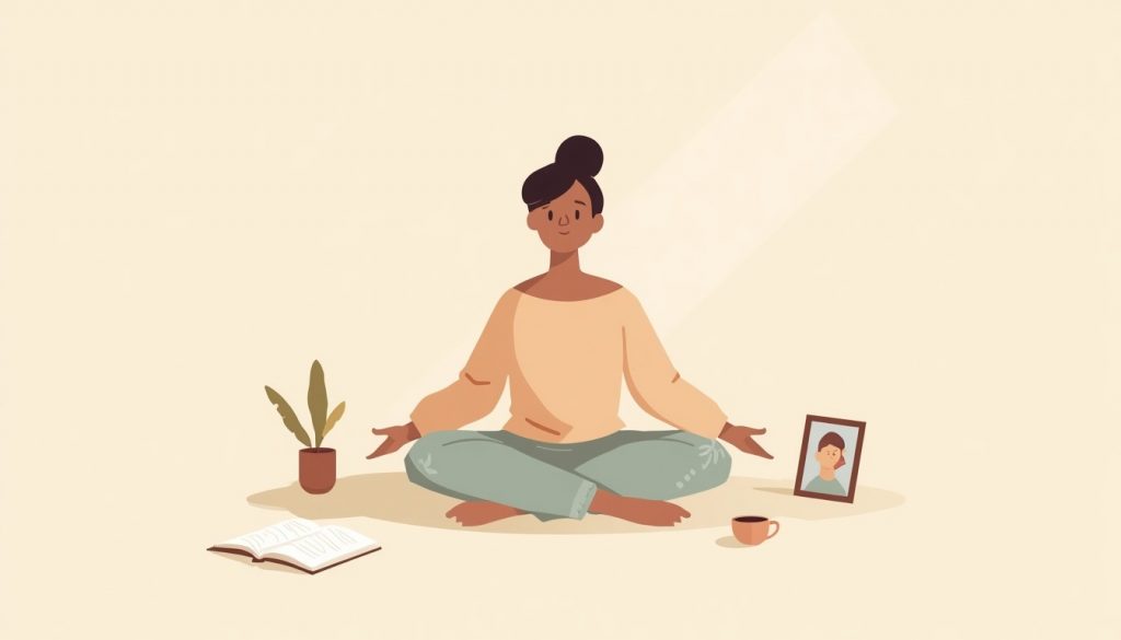 A 2D illustration of a person in a calm reflective space with journaling tools, representing the healing process of grieving a lost career.
