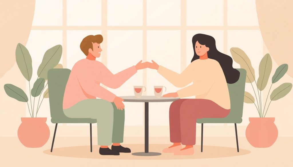 A 2D illustration of two people in a supportive conversation, representing gender-affirming care and non-binary mental health support