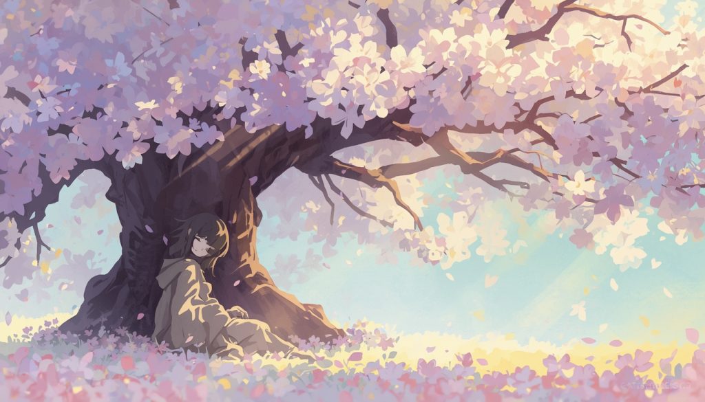 A 2D illustration representing non-binary mental health — a gender-diverse figure sitting peacefully beneath a blooming tree in soft pastel tones