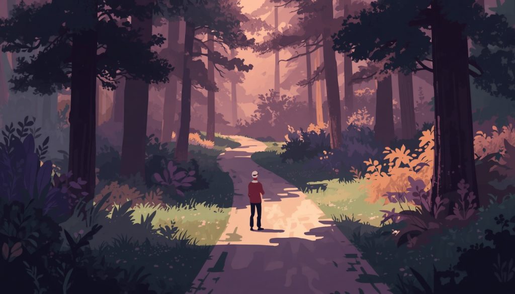 A 2D illustration showing a gender-diverse person at a crossroads, representing the emotional complexity of non-binary mental health