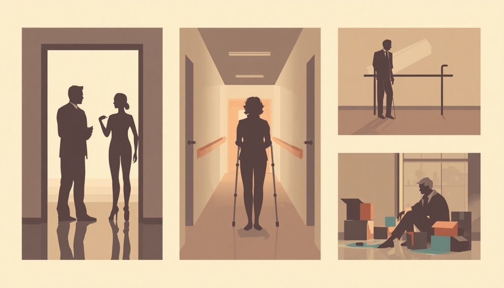 A 2D illustration showing different people experiencing grieving a lost career in different forms, representing layoff, career injury, retirement, and burnout.