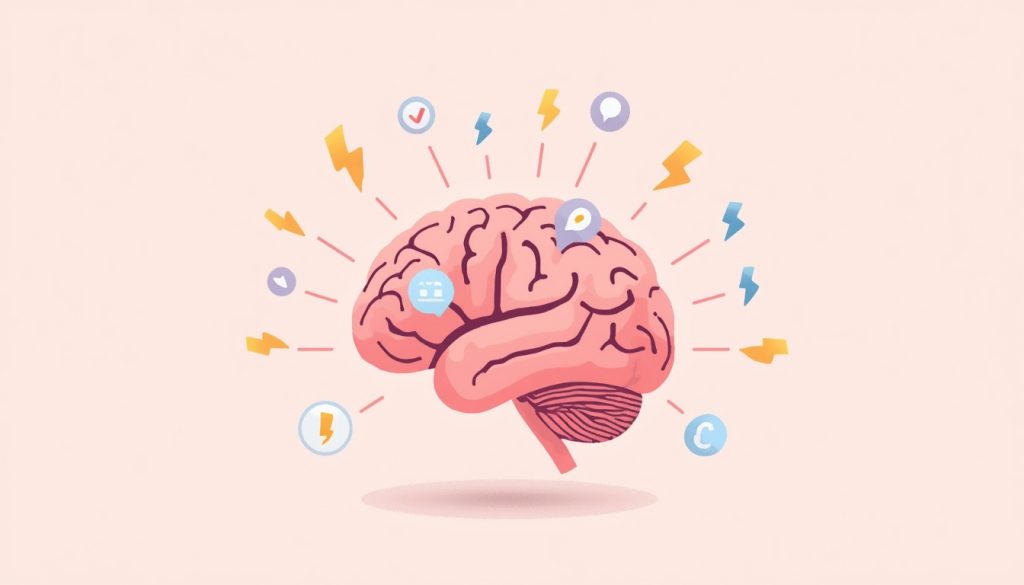 2D illustration of a brain surrounded by distraction triggers — representing how to stop getting distracted at work