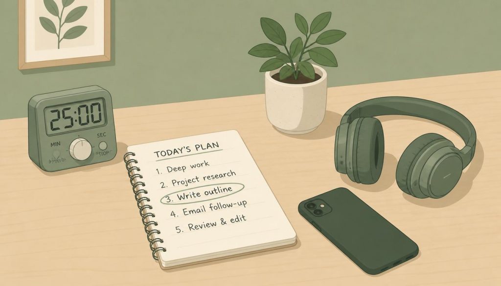 2D illustration of a distraction-free work desk setup with tools for focus — tips for how to stop getting distracted at work