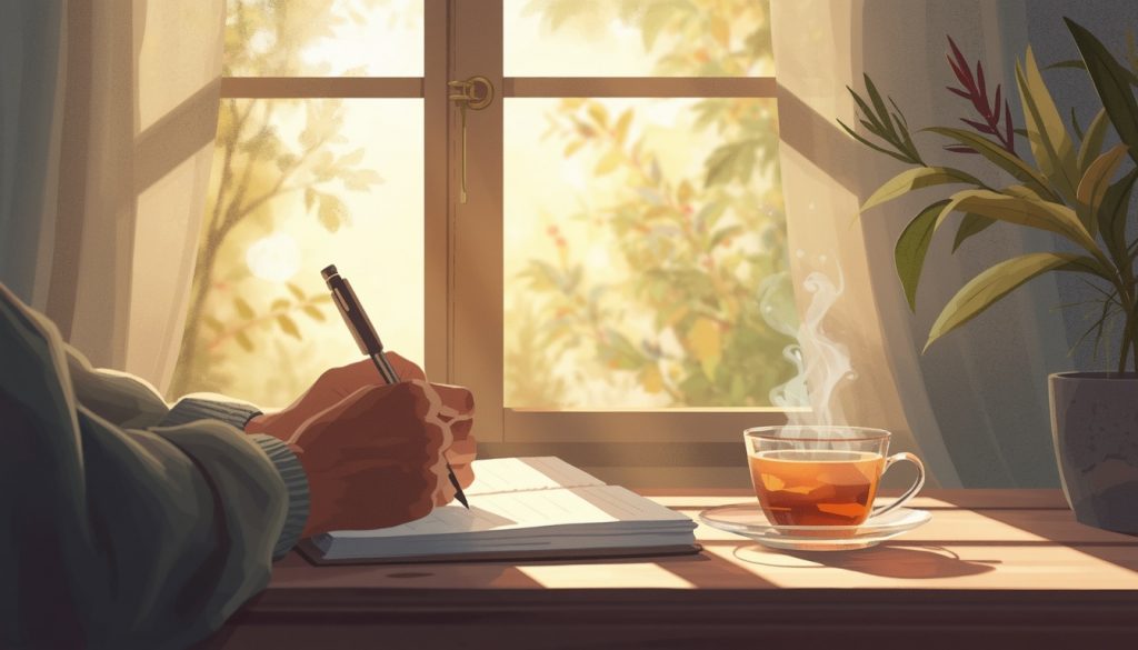 2D illustration of a person journaling peacefully as a way to cope with the fear of death and mortality