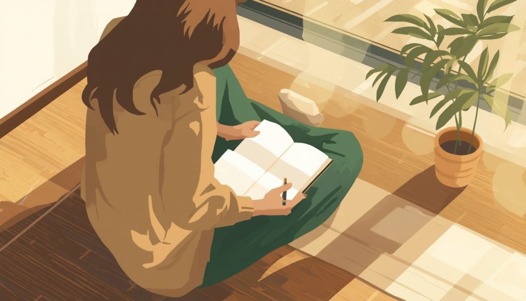 2D illustration of a person journaling to reflect on what gives life meaning in a peaceful morning setting