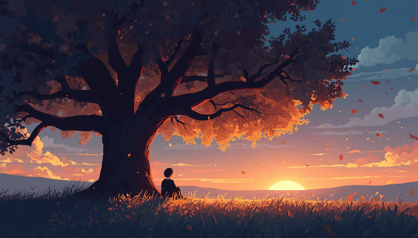2D illustration of a person sitting under a glowing tree at dusk representing the fear of death and mortality