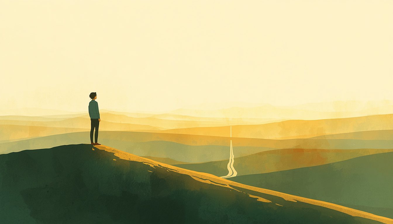 2D illustration of a person standing on a hilltop at golden hour contemplating what gives life meaning