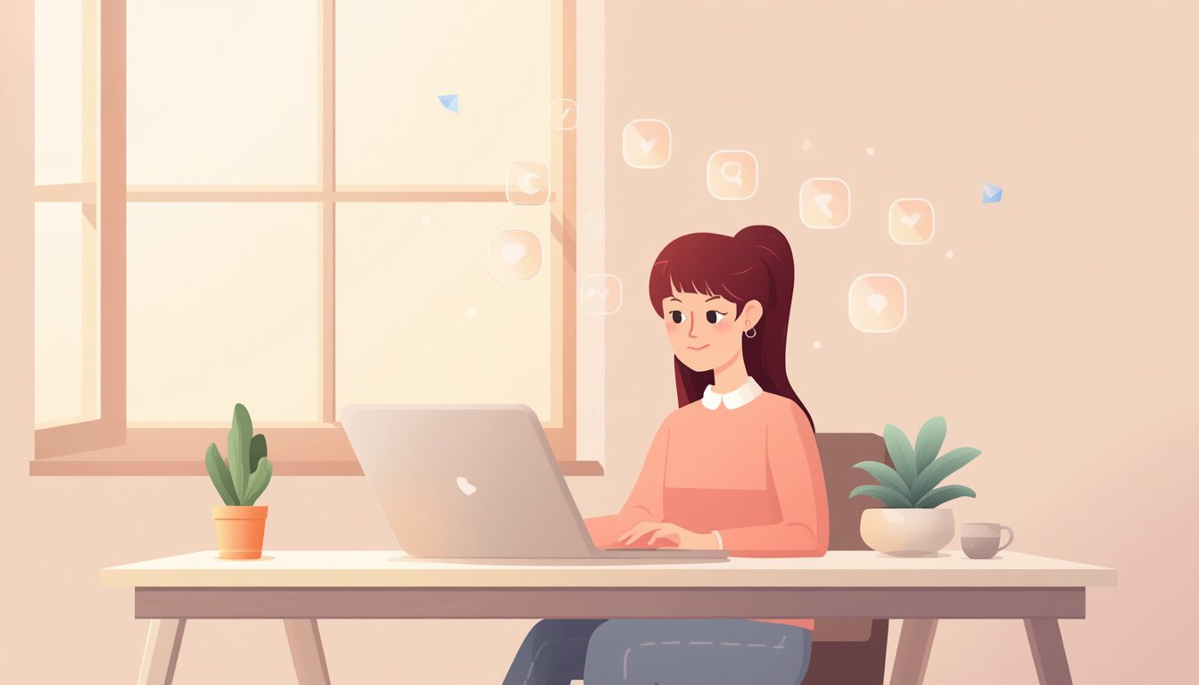 2D illustration of a person staying focused at their desk while distractions float away — representing how to stop getting distracted at work