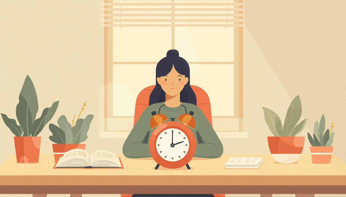 2D illustration of a person using the Pomodoro technique and time blocking at a cozy wooden desk with a tomato timer and open planner
