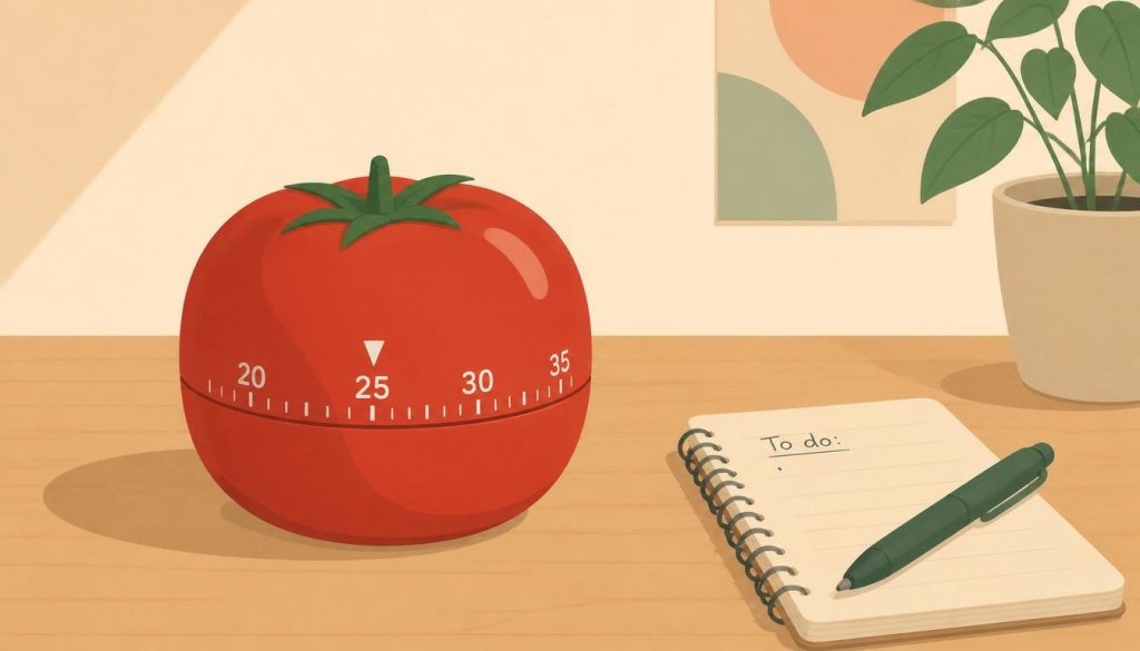 2D illustration of a red tomato timer representing the Pomodoro technique and time blocking method