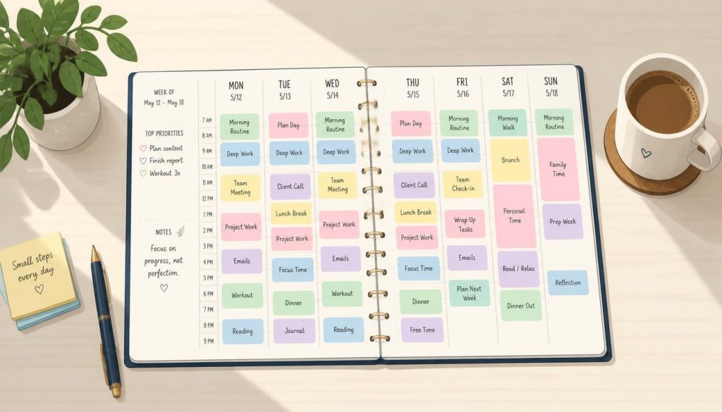 2D illustration of a weekly time blocking planner showing colored schedule blocks for the Pomodoro technique and time blocking routine