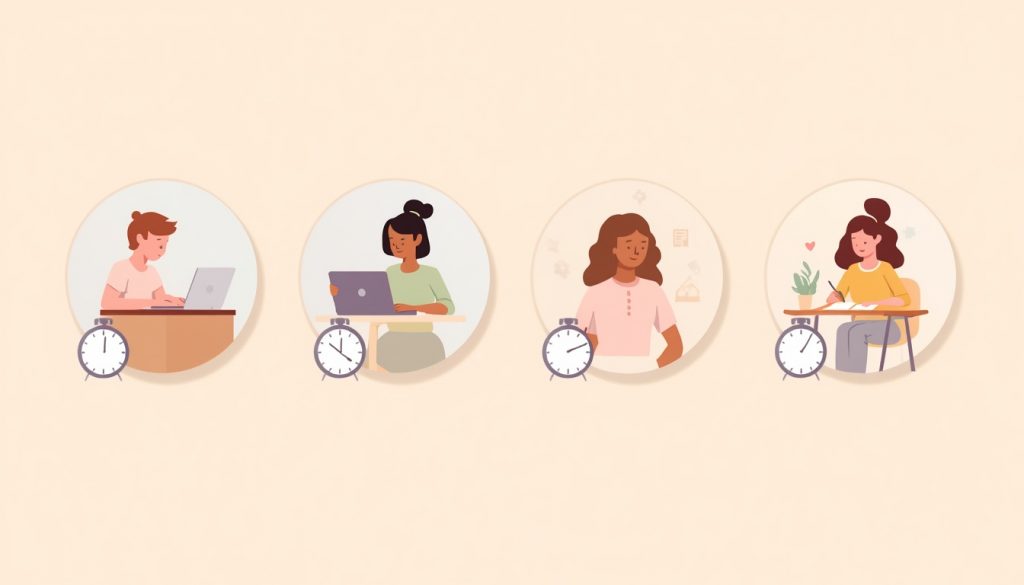 2D illustration of different people using Pomodoro technique and time blocking in everyday real-life work scenarios