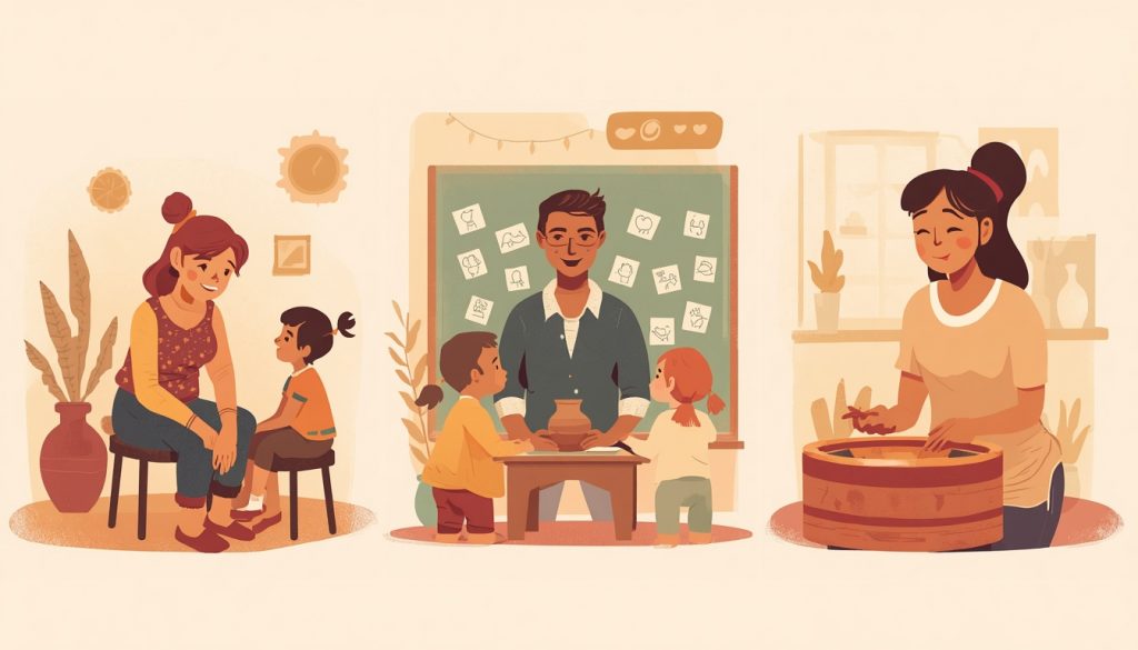 2D illustration of everyday people finding what gives life meaning through service teaching and creativity