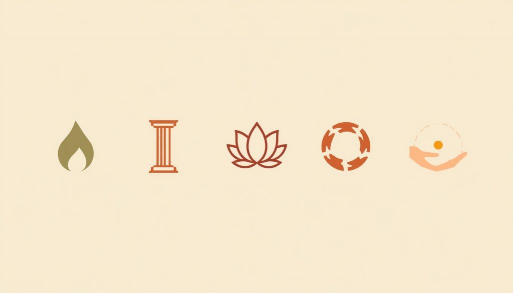 2D illustration of five philosophical perspectives on what gives life meaning including existentialism stoicism and buddhism