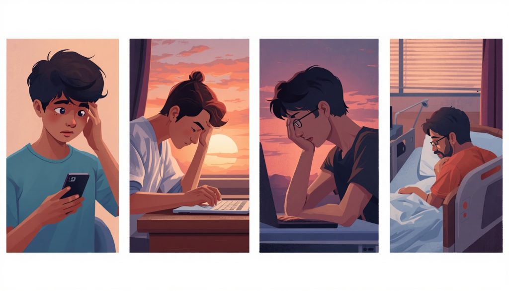 2D illustration showing different people experiencing the fear of death and mortality in everyday life
