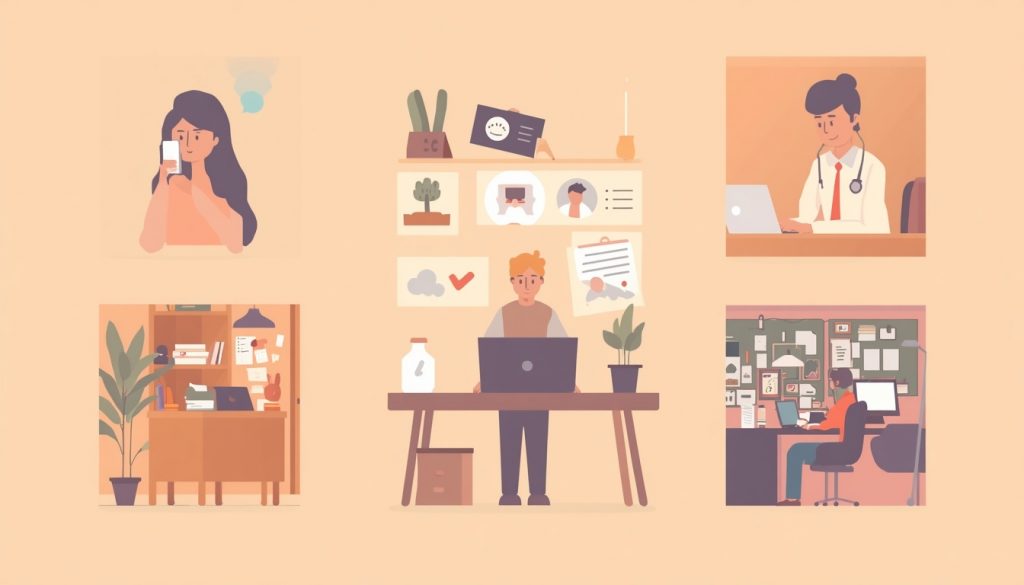 2D illustration showing five relatable distraction scenarios people face at work — illustrating how to stop getting distracted at work